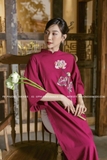 Áo dài linen hồng sen đậm dáng suông-  thêu hoa