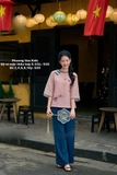 Bộ tơ mộc hồng nude thêu hoa + quần xanh