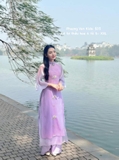 Áo dài tơ tím thêu hoa 4 tà