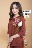 Bộ đũi lụa nâu thêu sen XL