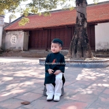 Áo dài bé trai nhung xanh đậm thêu pháo tết + kèm quần, mấn