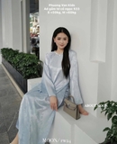 Áo dài gấm tơ xanh cổ ngọc