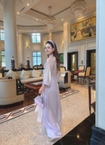 Áo dài tơ sống thêu kết hoa tím