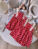 Đầm đỏ 2 dây chấm bi- vải đũi