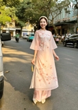 Áo dài tơ hồng kết hoa 4 tà mẹ bé