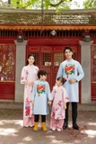 Áo dài gấm hồng bé gái in 3d