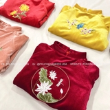 Áo dài bé gái nhung đỏ thêu hoa sen + kèm quần, mấn