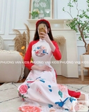 Áo dài đỏ cam lụa phối tay taffa nhũ