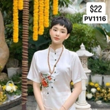 Bộ lụa trắng cổ tàu thêu hoa