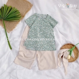 Bộ bà ba kèm khăn mỏ quạ hoa xanh bé gái