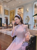 Áo dài tơ sống thêu kết hoa tím