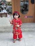 Áo dài linen con công đỏ kèm bờm
