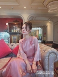 Áo dài tơ hồng kết hoa - quần đỏ