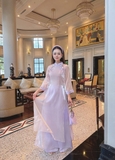 Áo dài tơ sống thêu kết hoa tím