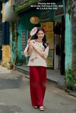 Bộ tơ mộc trắng kem thêu hoa + quần đỏ