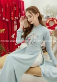 Áo dài lụa ngọc trai xanh thêu hoa