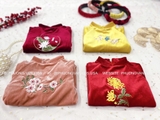 Áo dài bé gái nhung đỏ thêu hoa sen + kèm quần, mấn