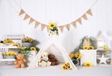 Backdrop 3d vải thun cao cấp -  lều trại trắng và hoa hướng dương