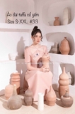 Áo dài taffa cổ yếm hồng đính kết thủ công