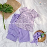 Bộ bà ba kèm khăn mỏ quạ hoa tím bé gái