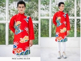 Aó dài gấm đỏ in rồng mây