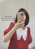 Đầm tweed kẻ đỏ cổ  ren trắng <65kg
