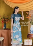 Aó dài tơ  xanh kết hoa 4 tà - L