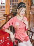 Bộ bà ba lụa ngọc trai hồng thêu hoa