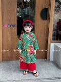 Áo dài linen con công xanh kèm bờm