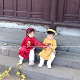 Áo dài bé trai nhung vàng thêu bánh chưng + kèm quần, mấn