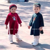 Áo dài bé trai nhung xanh đậm thêu pháo tết + kèm quần, mấn