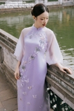 Áo dài tơ organza tím kết hoa 4 tà