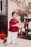 Bộ gấm thêu bé gái hàng thiết kê ( áo đỏ, quần lụa trắng)