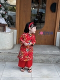 Áo dài linen con công đỏ kèm bờm