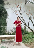 Áo dài nhung đỏ cổ yếm