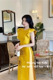 Áo dài taffa vàng kết hoa, size M