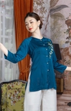 Bộ bà ba lụa ngọc trai xanh lá già thêu hoa