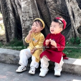 Áo dài bé gái nhung vàng thêu hoa đào + kèm quần, mấn