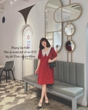 Đầm tweed kẻ đỏ cổ  ren trắng <65kg