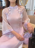 Áo dài tơ sống thêu kết hoa tím