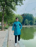 Áo dài taffa xanh thêu hạc