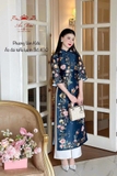 Áo dài taffa lụa xanh navy in 3d / size M