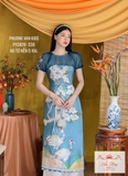 Aó dài tơ  xanh kết hoa 4 tà - L