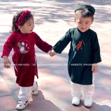 Áo dài bé gái nhung đỏ thêu hoa sen + kèm quần, mấn