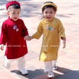 Áo dài bé gái nhung vàng thêu hoa đào + kèm quần, mấn