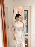 Aó dài tơ trắng 4 tà kết kim sa