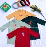Áo dài bé trai nhung xanh mint thêu trống lân + kèm quần, mấn