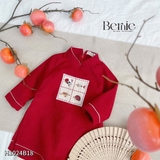 Bộ áo dài nhung tăm bé trai thêu con vật