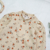 Aó dài nhung tăm hoa nhí màu be kèm mấn + vòng ngọc