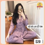 Bộ bà lai cổ tim tím thêu hoa 28/ L - vải kate nhập khẩu